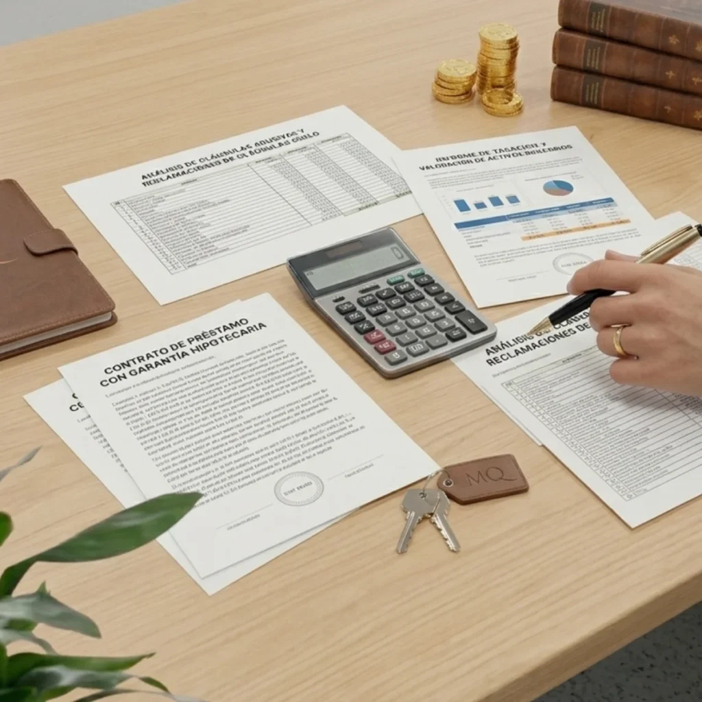 Especialistas resolver problemas bancarios. Mesa con documentos, abogada y calculadora