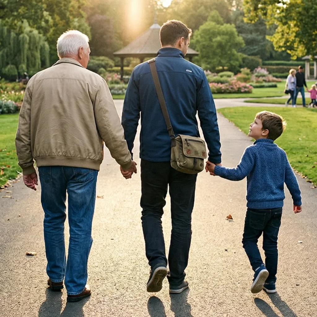 Tres generaciones caminando juntos en parque.